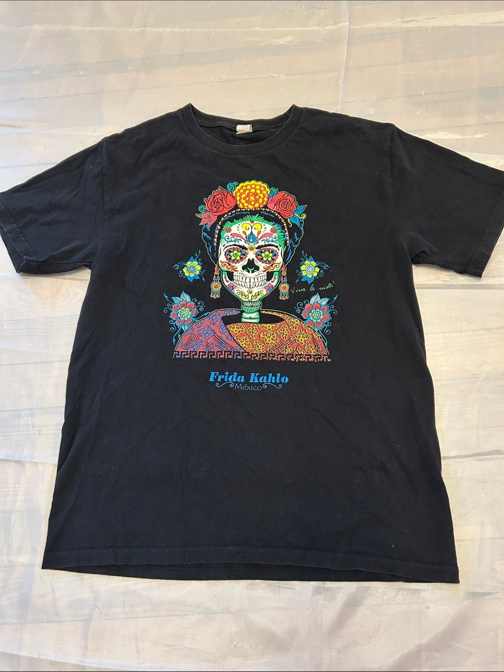 Vintage Euro Cotton Black Graphic Tee with Colorful Patch